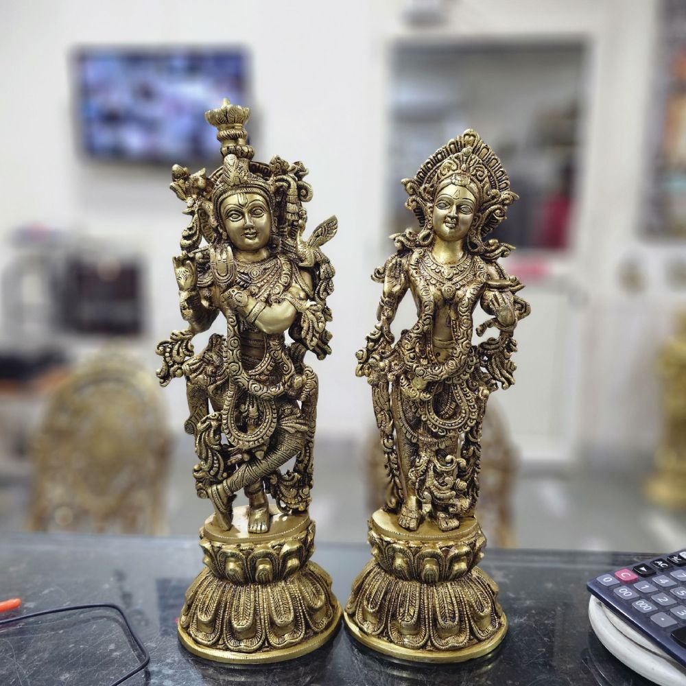 Brass Radha Krishna Pair on Lotus Pedestals