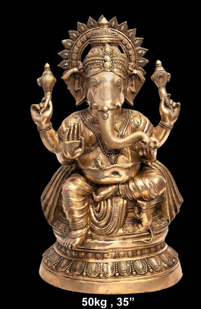 Large Brass Ganesh on Round Base, Copper Tone