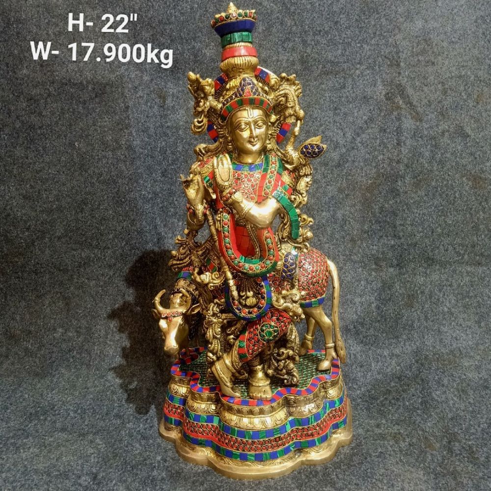 Brass Krishna With Cow Idol 17.900Kg 22"Inches