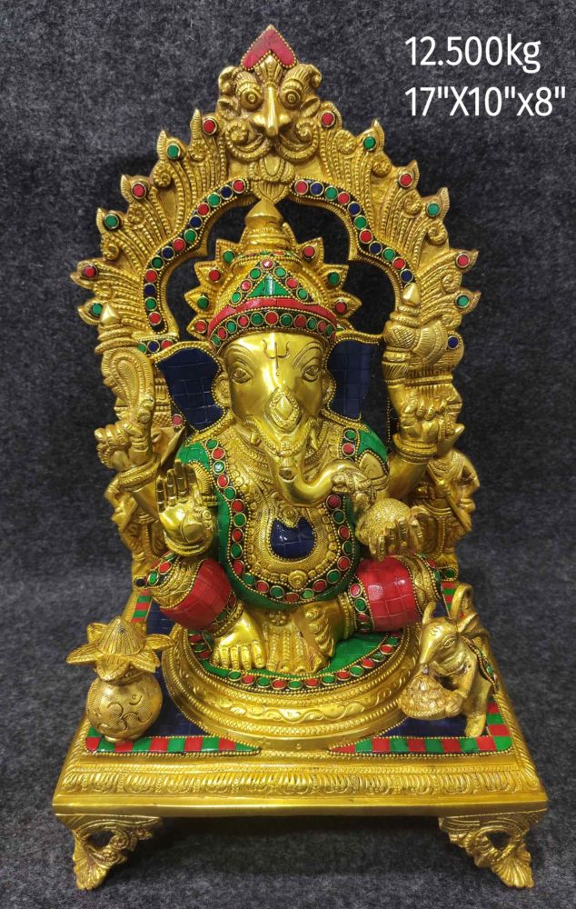 Brass Ganesh on Chowki with Stone-Work Arch