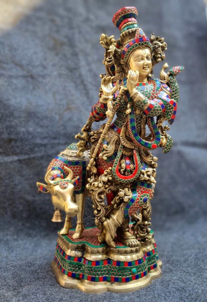 Brass Krishna with Cow, Multicolour Stone Work