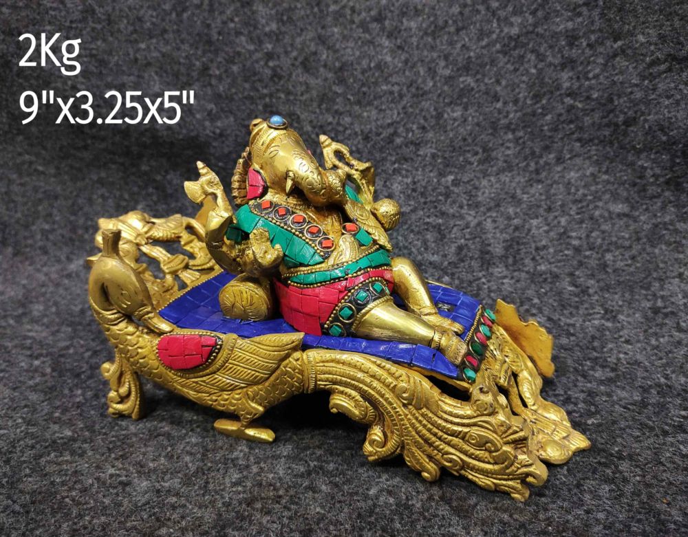 Brass Ganesh on Peacock Sofa with Stone Work