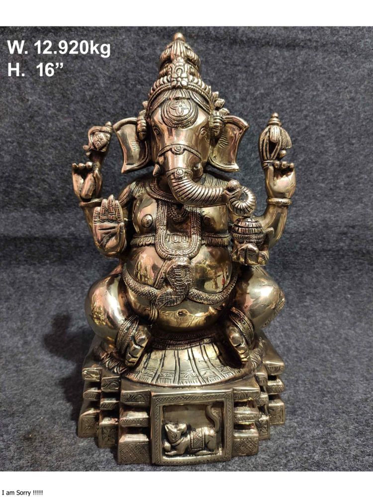 Brass Ganesh on Stepped Base, Antique Silver