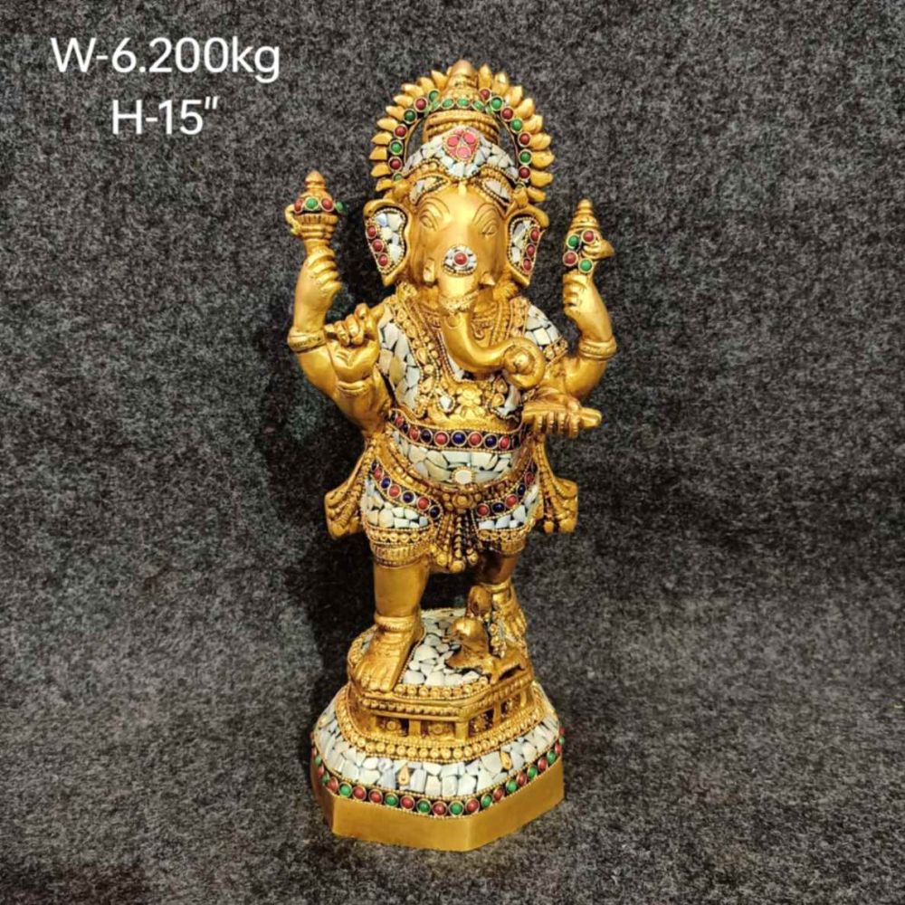 Standing Brass Ganesh with White Inlay