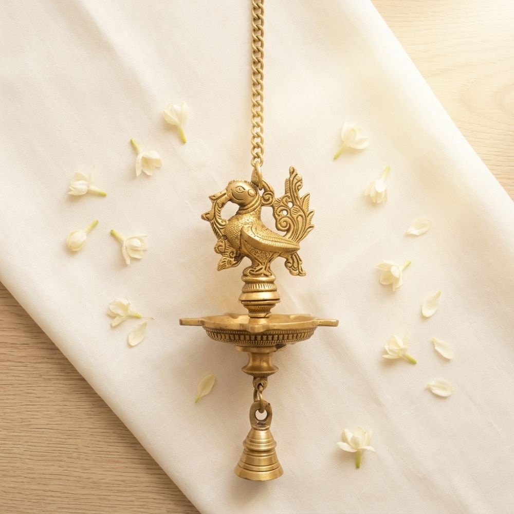 Hanging Brass Peacock Diya with Bell (8 Inch / 700g)