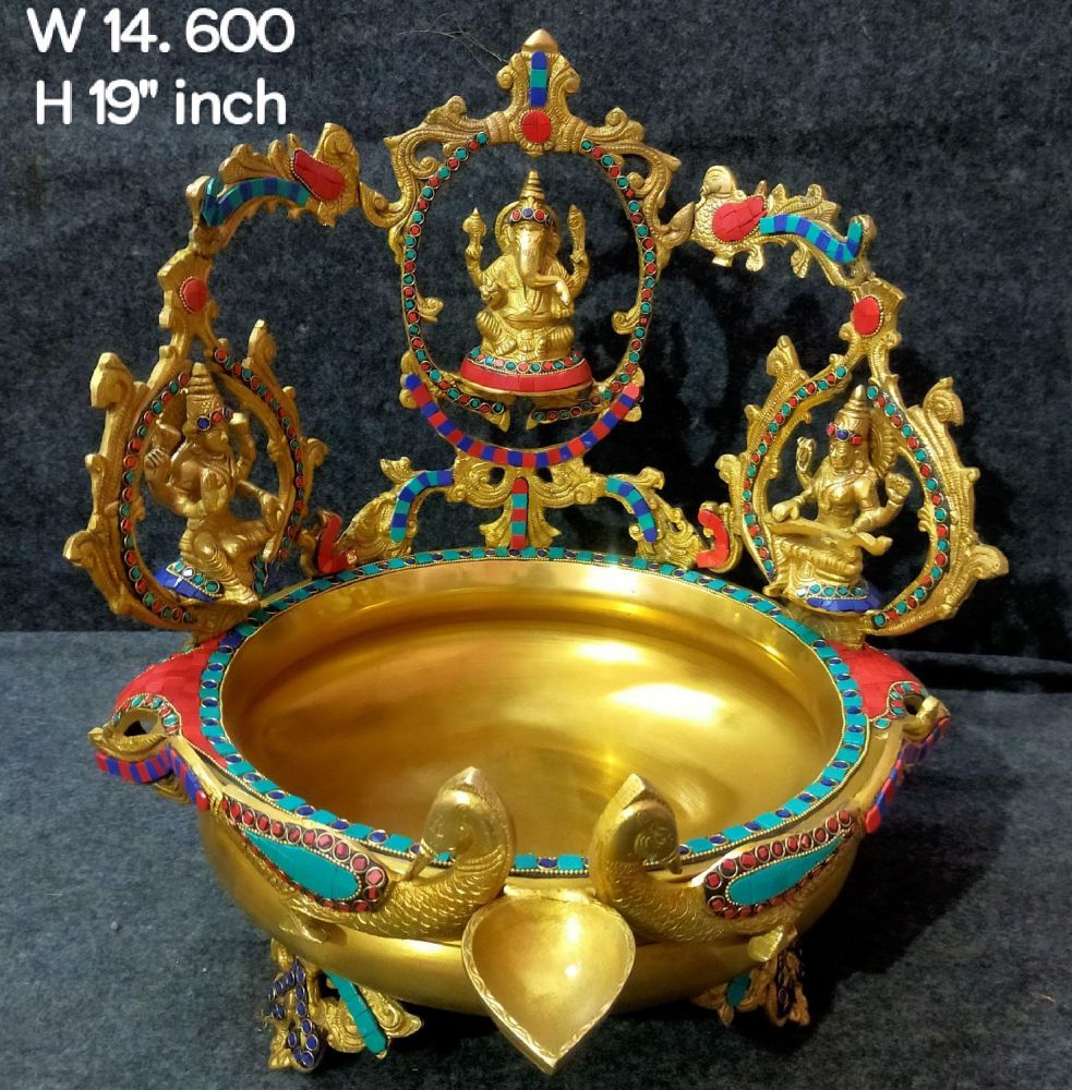 Brass Laxmi,Ganesha,Saraswati Urli. 14.6kg, 19''