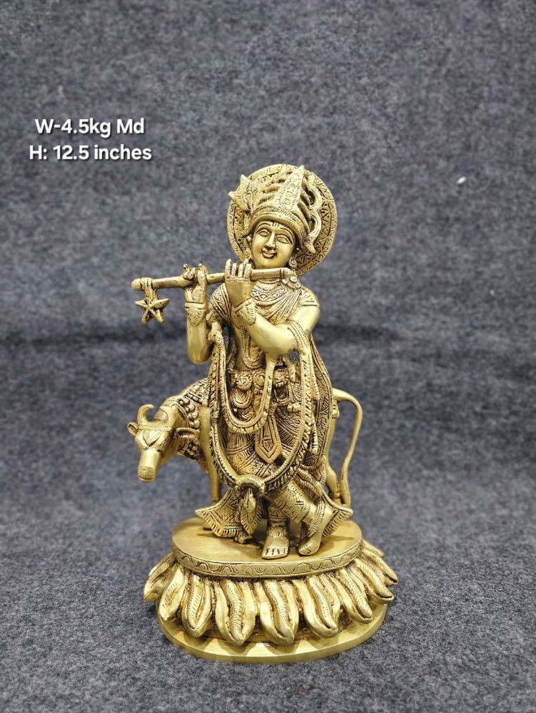 Brass Krishna with Cow on Lotus Base