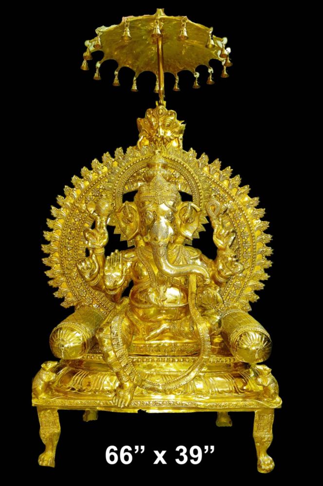 Brass Ganesh on Throne with Umbrella, Bright Gold