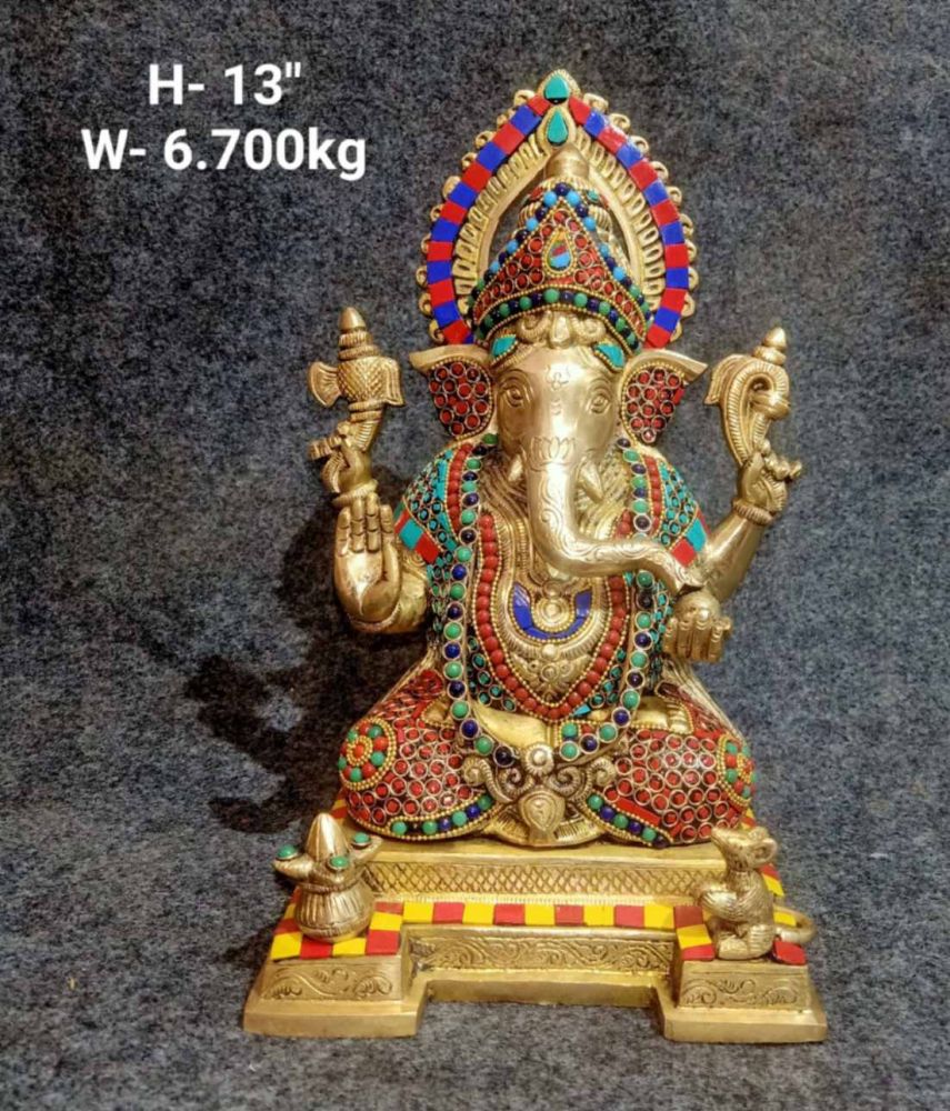 Brass Ganesh on Chowki with Stone Work
