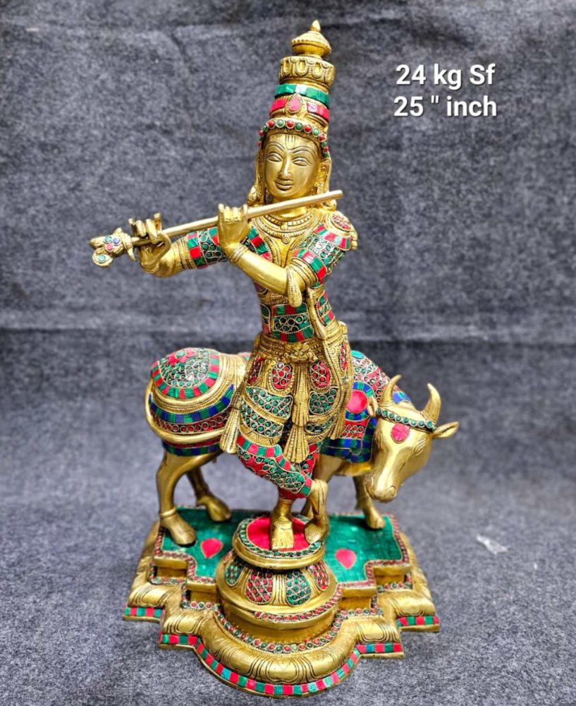 Brass Krishna With Cow 24 kg 25''SF