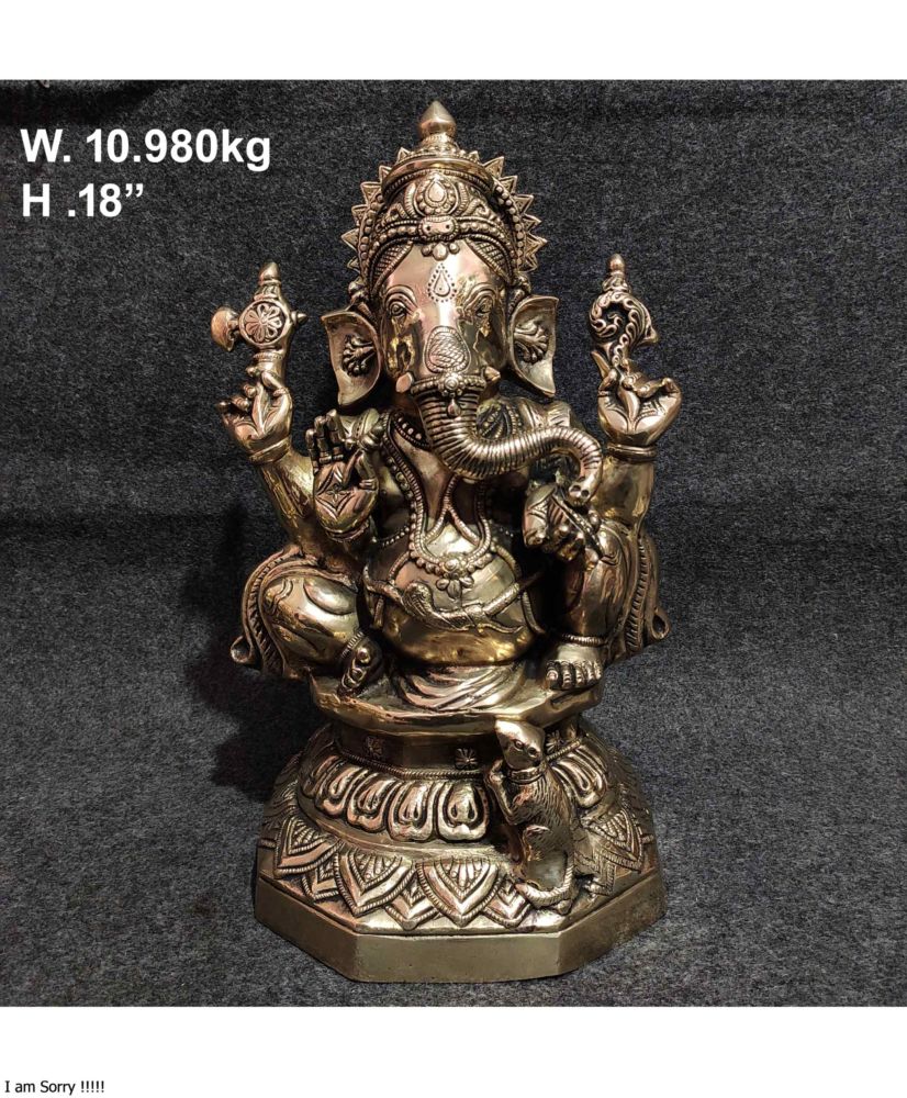 Brass Ganesh on Octagonal Base, Antique Silver