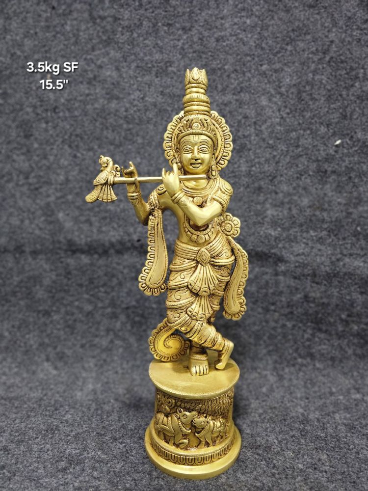 Brass Krishna Playing Flute on Pedestal, Superfine
