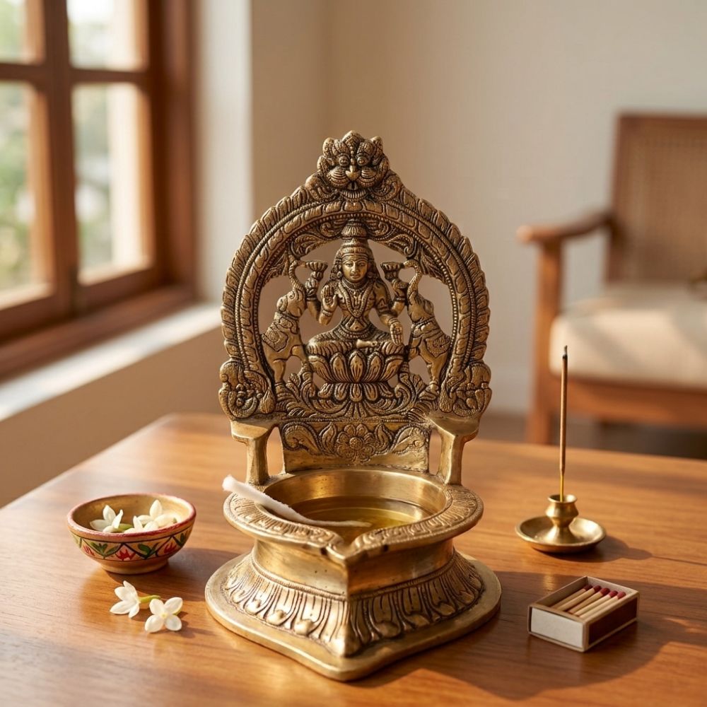 Heavy Brass Gajalakshmi Puja Diya, 12" Antique Finish