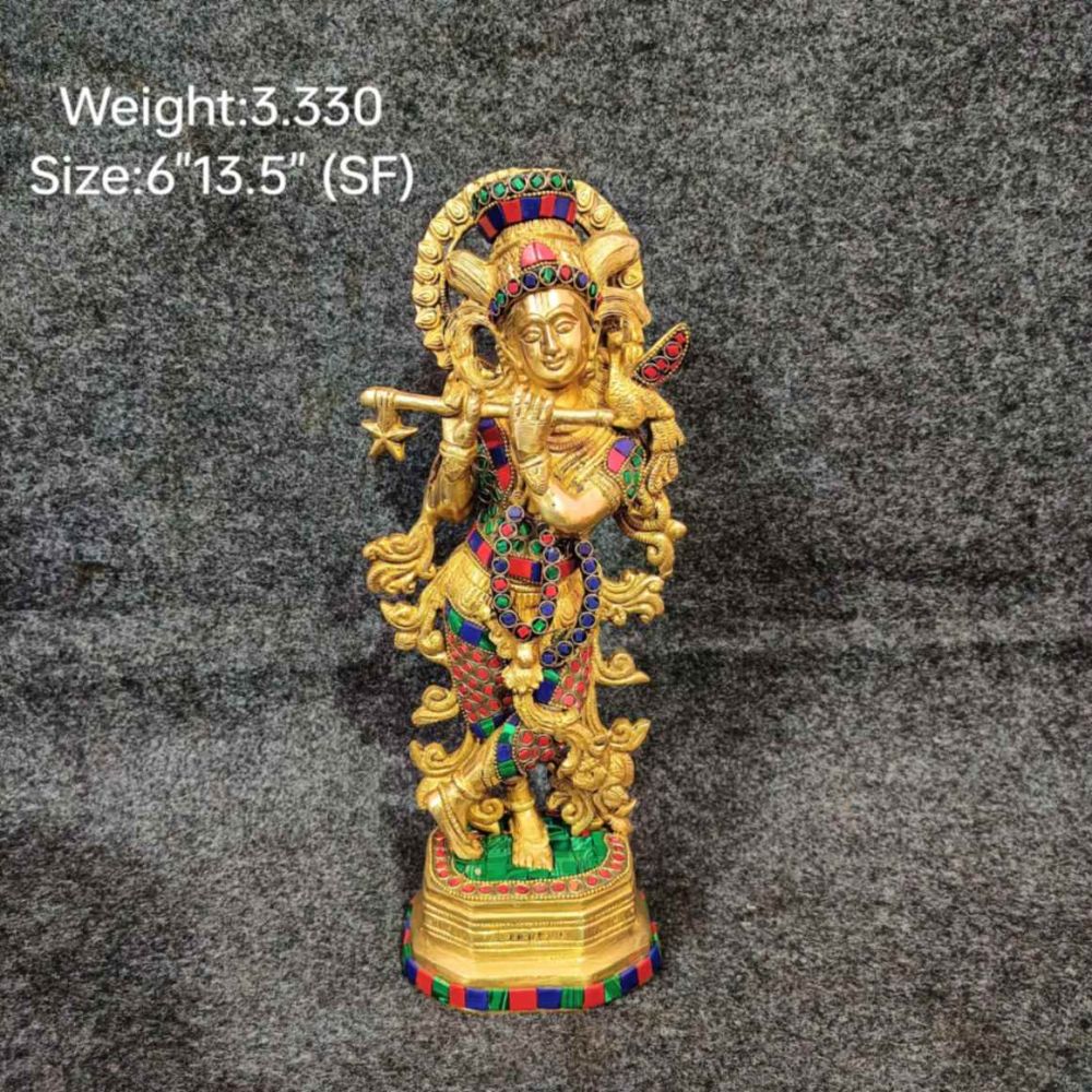 Brass Krishna with Stone Work on Octagonal Base, Superfine