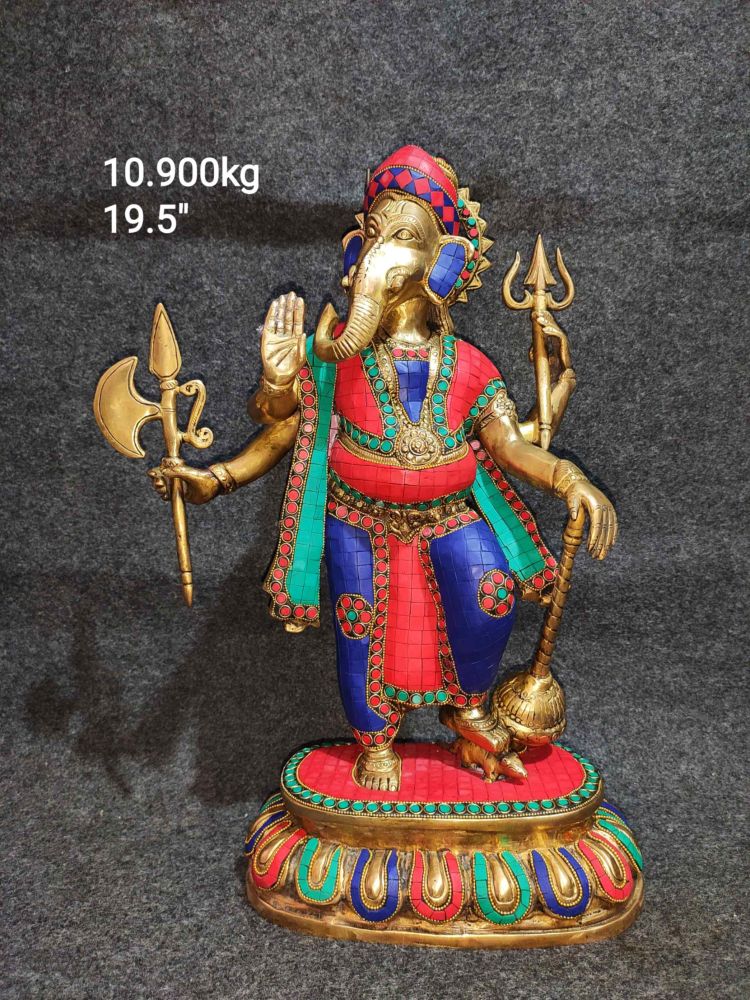 Standing Brass Ganesh with Axe, Trident & Stone Work