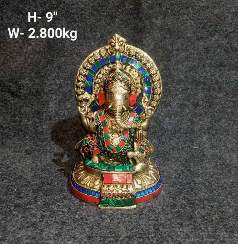 Brass Ganesh with Stone-Work Prabhavali, Small