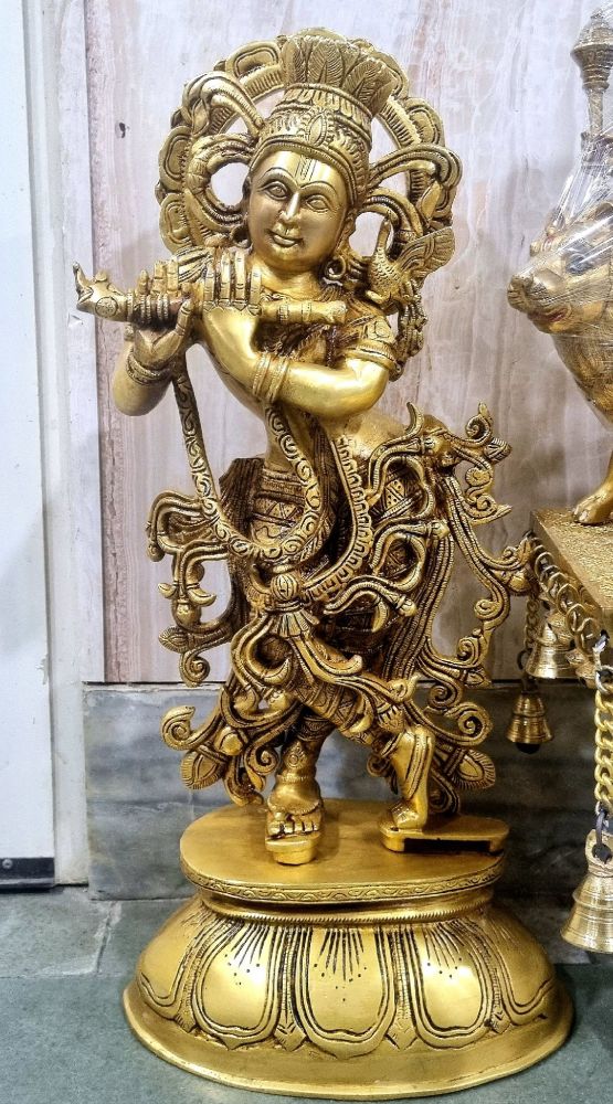 Brass Krishna Playing Flute on Lotus Base