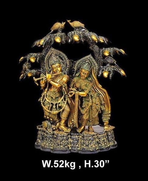 Large Brass Radha Krishna under Tree with Birds
