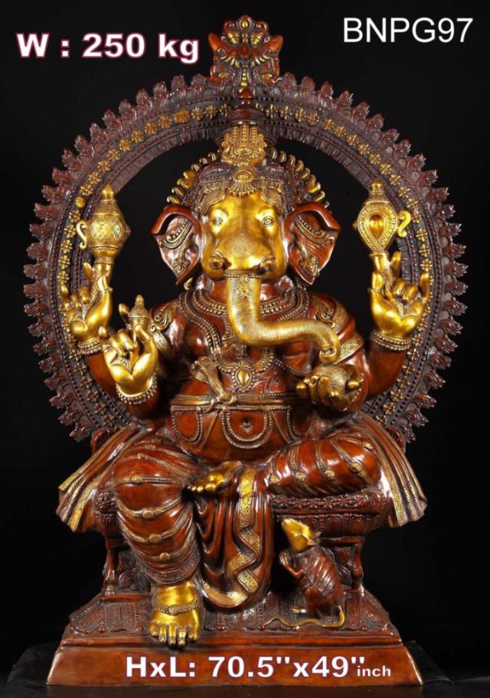 Monumental Brass Ganesh with Prabhavali, Copper & Gold