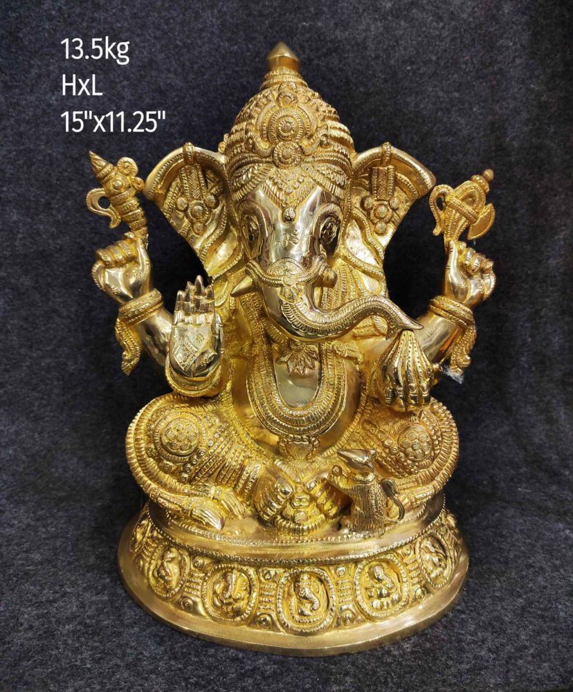 Large Seated Brass Ganesh with Carved Base