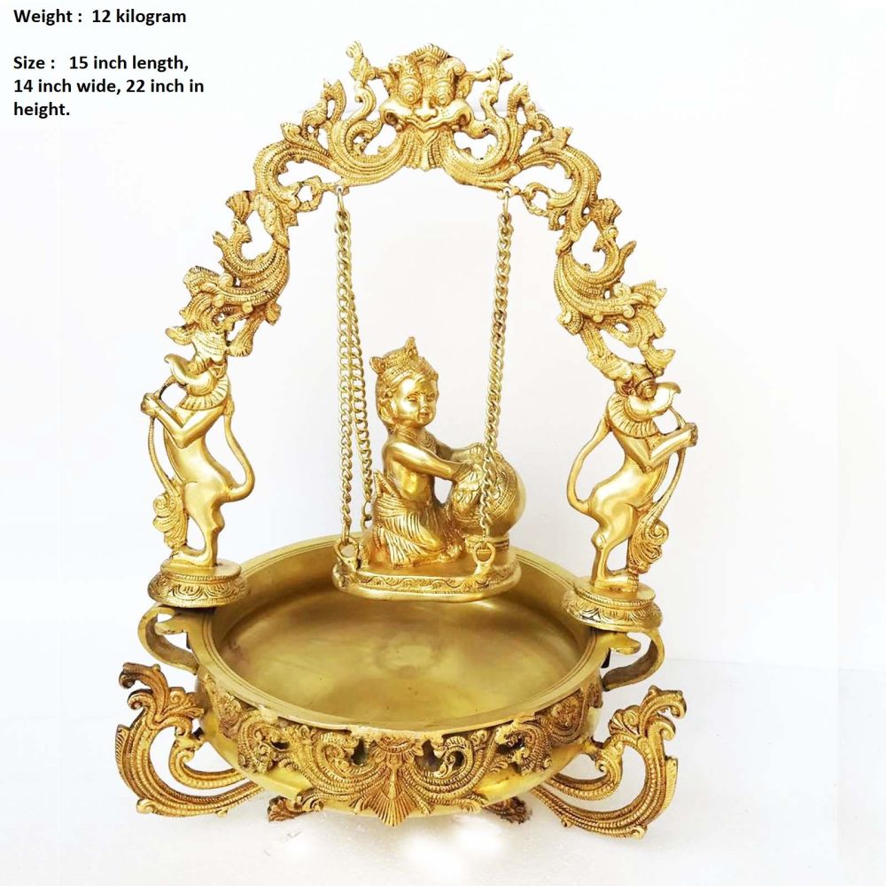 Brass Makhan Krishna Jhula Urli. 12kg, 14''*22''*15''
