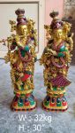 Brass Radha Krishna Pair with Stone Work on Lotus Pedestals – photo 2