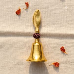 Gold Brass Finish Zinc Rudraksha Hand Bell with Feather Handle (6 Inch, 82g) (Copy)