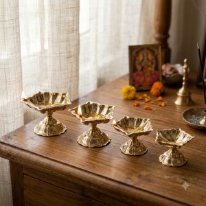 Pure Brass Panch Aarti Diya – 5 Baati Traditional Oil Lamp with Pedestal Stand for Mandir & Pooja