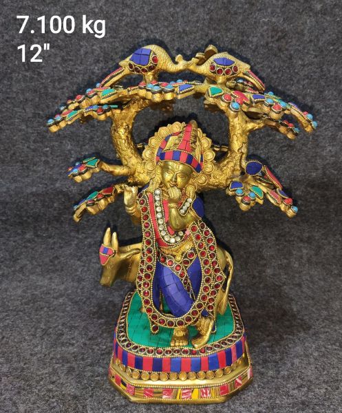 Brass Cow Krishna With Tree 7.100 Kg 12" Inches
