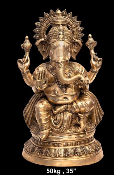 Large Brass Ganesh on Round Base, Copper Tone
