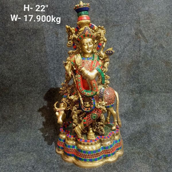 Brass Krishna With Cow Idol 17.900Kg 22"Inches