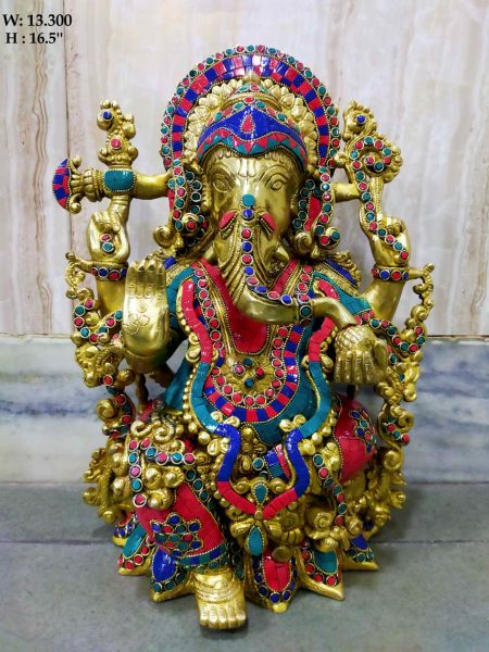 Brass Ganesh with Multicolour Stone Work, Large