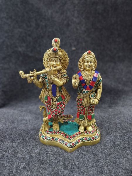 Brass Radha Krishna with Stone Work on Leaf Base