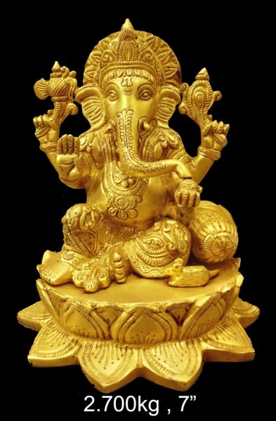 Brass Ganesh on Lotus, Bright Gold