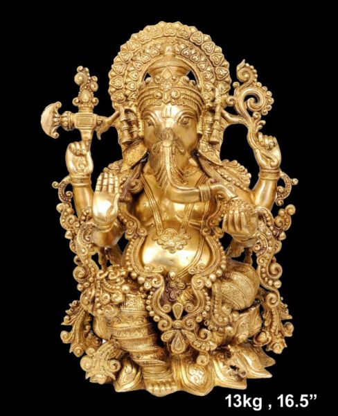 Brass Ganesh with Ornate Carved Halo, Plain Gold