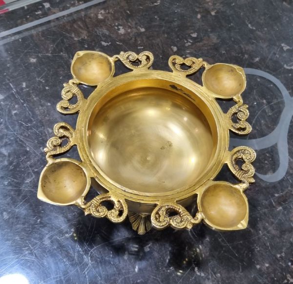 Brass Urli with Scroll Handles & Four Diyas