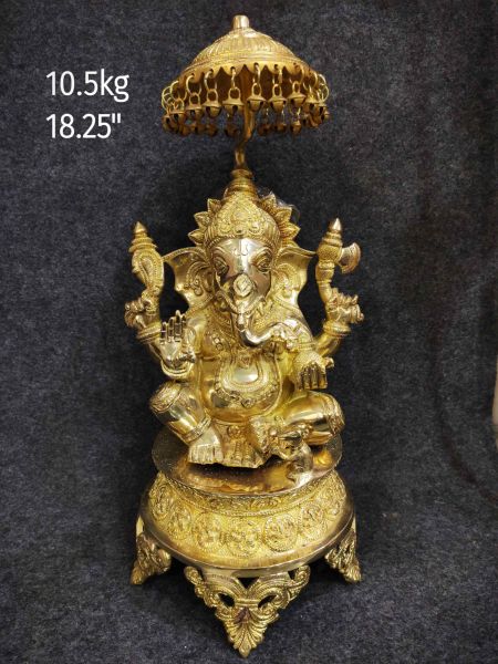 Brass Ganesh under Bell Umbrella on Carved Base