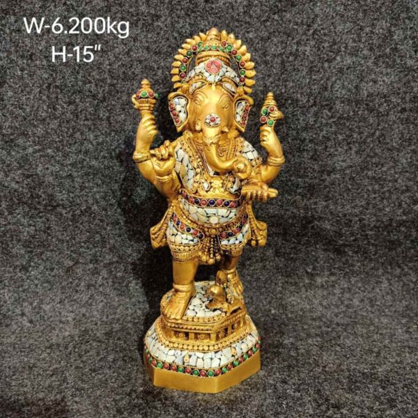 Standing Brass Ganesh with White Inlay