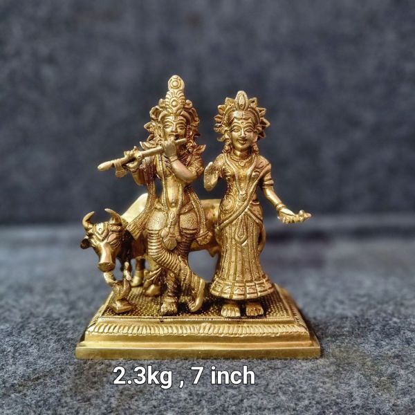 Brass Radha Krishna With Cow Idols 2.300kg 7"Inches
