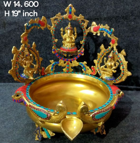 Brass Laxmi,Ganesha,Saraswati Urli. 14.6kg, 19''