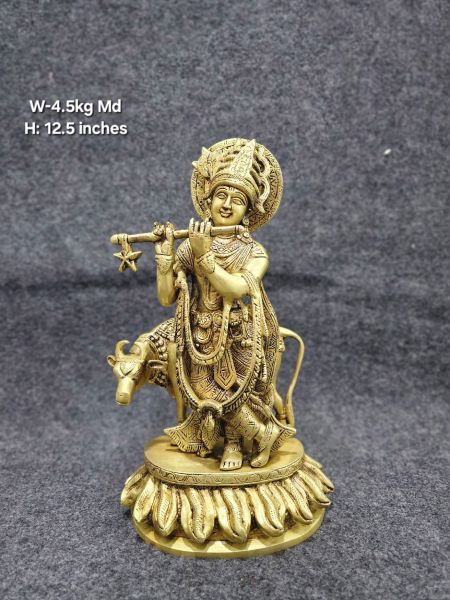 Brass Krishna with Cow on Lotus Base