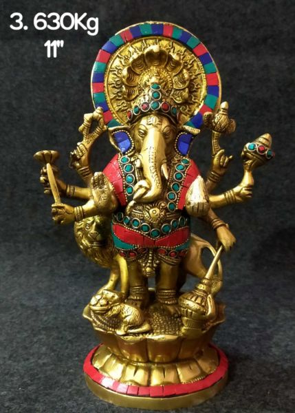 Standing Multi-armed Brass Ganesh with Stone Work