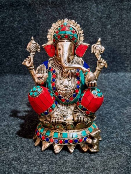 Brass Ganesh with Red & Turquoise Stone Work
