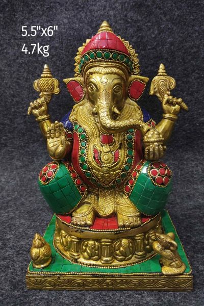 Brass Ganesh with Green & Red Stone Work