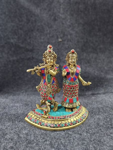 Brass Radha Krishna Dancing Pair with Stone Work