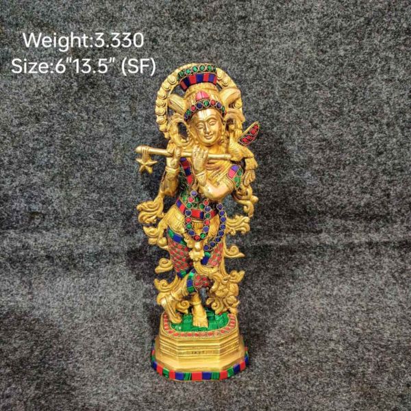 Brass Krishna with Stone Work on Octagonal Base, Superfine