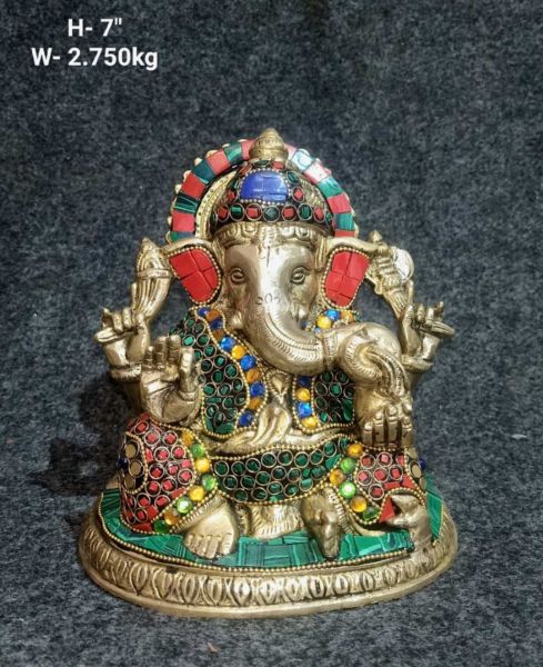 Brass Ganesh with Stone Work on Round Base