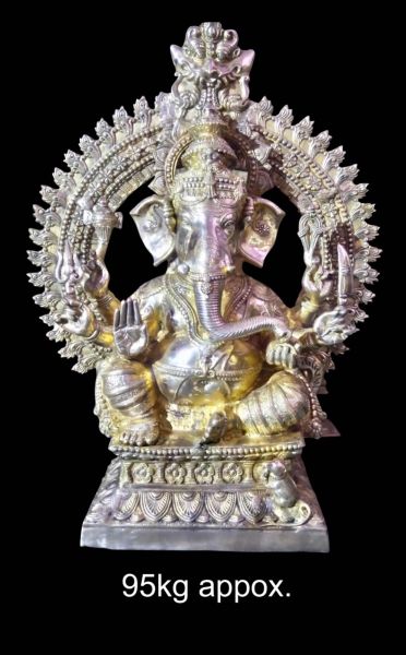 Large Brass Ganesh with Prabhavali, Silver Tone