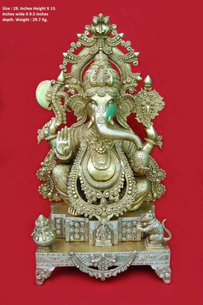 Brass Ganesh with Arch on Silver-tone Chowki