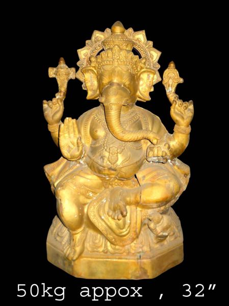 Large Seated Brass Ganesh on Hexagonal Base